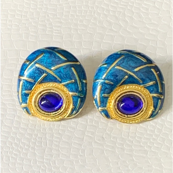 RARE - Signed Two Sisters Clip on Earrings.Gold plated.Blue Cabochons,Enamel. - Picture 2 of 12